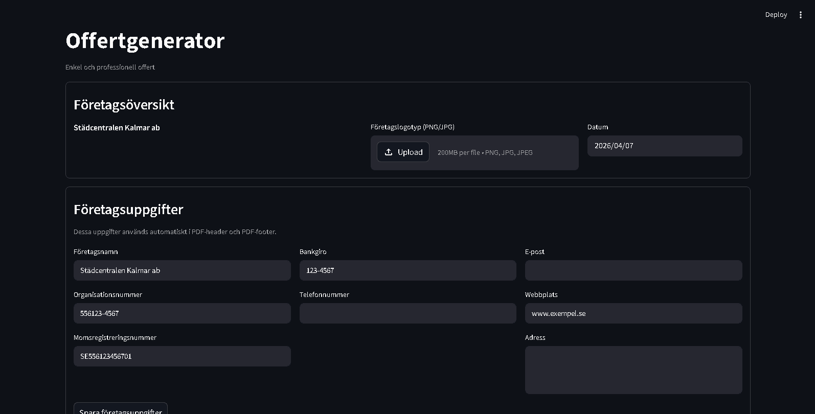Smart Offertgenerator – översikt med offertformulär